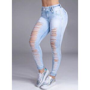 Pit Bull Cigarette Jeans Size 4 Ref 33147 Distressed Stretch Skinny Light Wash